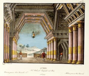 Utsikt över ett stort palatsrum Scenografi till baletten "" Spanjorerna i Peru "" av den italienske koreografen Giovanni Galzerani (1780-1865) (1828). Litografi i "" Samling av natursköna uppfinningar från 1830 av Alessandro Sanquirico (1777-1849) ". Milan av Alessandro Sanquirico
