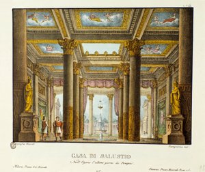 Vy över House of Salustio (Saluste) Scenografi för representation av Giovanni Pacinis "The Last Day of Pompei" (The Last Day of Pompei). Litografi i "" Samling av natursköna uppfinningar från 1830 av Alessandro Sanquirico (1777-1849) ". Milano