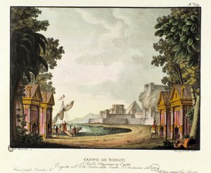 Vy över det romerska lägret Scenografi för baletten "" Octavian in Egypt "" av den italienske koreografen Giovanni Galzerani (1780-1865) (1828). Litografi i "" Samling av natursköna uppfinningar från 1830 av Alessandro Sanquirico (1777-1849) ". Milanesisk 