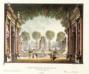 Utsikt över det kungliga hovet i Djingis Khans palats Scenografi för baletten "" Genis-Kan "" av den italienske koreografen Giovanni Galzerani (1780-1865) (1828). Litografi i "" Samling av natursköna uppfinningar från 1830 av Alessandro Sanquirico (1777-18
