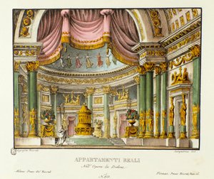 Utsikt över det kungliga palatset av drottningen av Kartago Didon Scenografi för representation av den lyriska tragedin "" Didone" (Didon) (1783) av kompositören Niccolo Vito Piccinni (eller Piccini) efter operan Metastasio (Metastase). Litografi i "" Racc av Alessandro Sanquirico