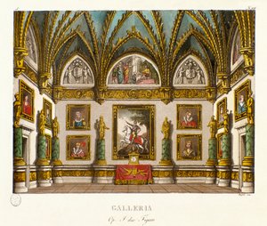 Utsikt över galleriet dekorerad av målningar Scenografi för operan "" I due figaro""" av den italienska kompositören Giuseppe Saverio Raffaele Mercadante (1795-1870), efter stycket "" De två figaronerna eller komedin" (1794) ) av Honore Francois Richaud av Alessandro Sanquirico