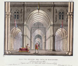 Utsikt över hallen i hertigen av Gloucesters palats Scenografi för representation av operan "Giovanna Shore" (Jeanne Shore) av Carlo Ponti (1829). Litografi i "" Samling av natursköna uppfinningar från 1830 av Alessandro Sanquirico (1777-1849) "