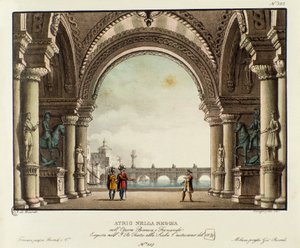 Utsikt över det kungliga slottets hall Scenografi för representationen 1829 av operan "Bianca e Fernando" av Vincenzo Bellini (1826). Litografi i "" Samling av natursköna uppfinningar från 1830 av Alessandro Sanquirico (1777-1849) ". Privat Milanese av Alessandro Sanquirico