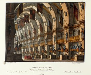 Vy över det stora vapenrummet Scenografi för representationen av operan "I cavalieri di Valenza" av Giovanni Pacini och Gaetano Rossi (1828). Litografi i "" Samling av natursköna uppfinningar från 1830 av Alessandro Sanquirico (1777-1849) ". Milanese sid av Alessandro Sanquirico