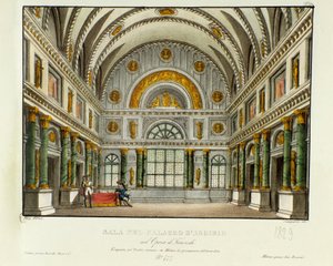 Utsikt över kungen av Syracuse Argirios palats Scenografi för framförandet i Milano 1829 av operan "Tancredi" (eller Tancrede) av Gioacchino Rossini (eller Gioachino) (1813) efter Voltaires stycke "Tancrede". Litografi i "" Raccolta di invenzion