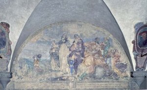 Sankt Antoninus predikar för en köpman som han räddade från en fruktansvärd storm, lunette (fresk) av Alessandro Tiarini