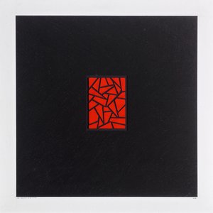 Red Bits on Black, 2021 (emalj på kort) av Alex Dunn