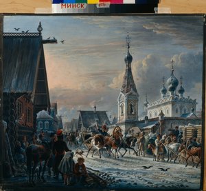 Ryska postslädar (trojka) som cirkulerar på en gata på vintern och hälsar invånarna på väg (Street with Mail Coaches) - Målning av Alexander Osipovich Orlowski (1777-1832)