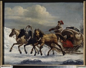 Trojka (släde dragen av ett spann på tre hästar). Målning av Alexander Osipovich Orlowski (1777-1832), olja på metall