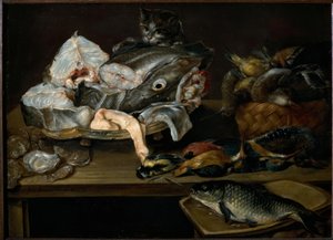 Stilleben med fisk, skaldjur, fågel och katt