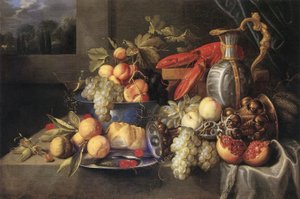 Fruktstilleben med hummer och bröd, förgylld akeleibägare, kanna i holländsk fajans, tennfat och venetianskt vingglas.