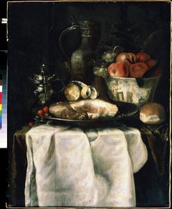 Frukost med skinka (Frukost med skinka). Målning av Alexandre Coosemans (1627-1689)