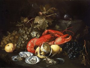 Stilleben med hummer och ostron