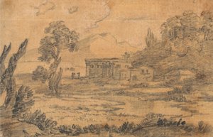 Byggnader vid en flod med kullar i bakgrunden av Alexander Cozens