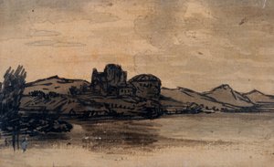 Italienskt landskap med kupolformad byggnad (penna och tvätt på papper) av Alexander Cozens