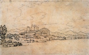 Italienskt landskap med kupolformad byggnad av Alexander Cozens