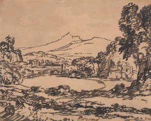 Landskap med en sjö och avlägset berg av Alexander Cozens