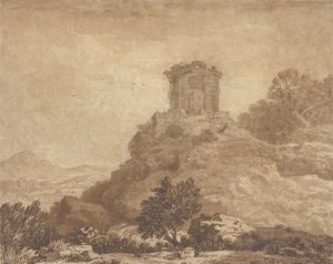 Landskap med ett ruinerat tempel, ca 1756 (grafit och tvätt på papper) av Alexander Cozens