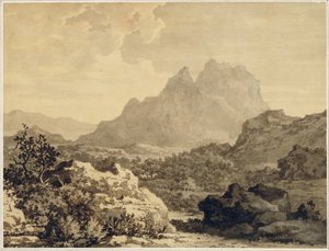 Bergigt landskap, ca 1780 (grå och brun tvätt på papper berett med brun slipad)