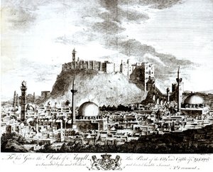 Utsikt över staden och slottet i Aleppo, Syrien, 1754 av Alexander Drummond
