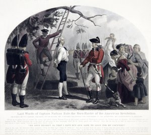 Last Words of Captain Nathan Hale, pub. 1858 (handfärgad gravyr)