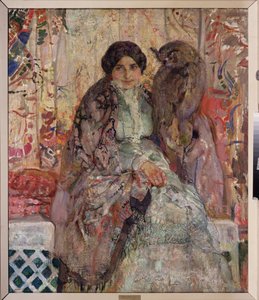 Kvinna med en örnuggla. Målning av Alexander Ivanovich Savinov (1881-1942), olja på duk av Alexander Ivanovich Savinov