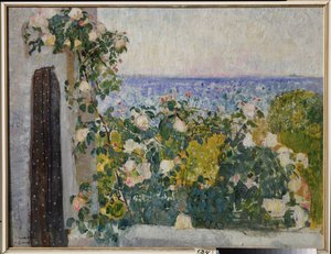 Blommor på balkongen i Rom (Italien). Målning av Alexander Ivanovich Savinov (1881-1942), olja på duk av Alexander Ivanovich Savinov