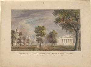 New Haven CT. Yale College och State House 1830 av Alexander Jackson Davis