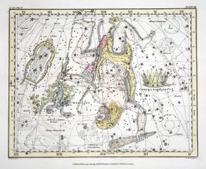 Konstellationerna (platta VIII) Corona Borealis, Hercules och Cerberus, Lyra, från "A Celestial Atlas" av Alexander Jamieson, pub. London 1822 (handfärgad gravyr)