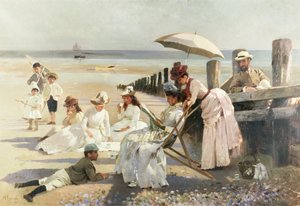 On the Shores of Bognor Regis - Porträttgrupp av Harford-paret och deras barn, 1887