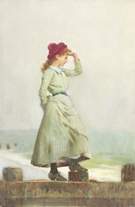 Ung flicka på havsväggen (akvarell på papper)
