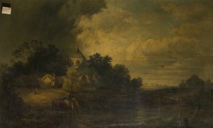 Romantiskt landskap med hästdrickande, sent 1800-tal