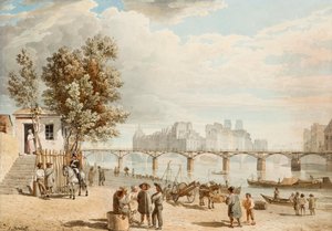 Vue de Paris - Pont des Arts (Frankrike) (Utsikt över Paris) - Verk av Alexander Pavlovich Briullov (Alexandre Brioullov) (1798-1877), akvarell på papper (21x30 cm), rysk konst 1800-talet, romantik - Privat samling