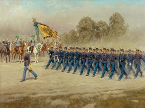 K. u. k. Hoch- und Deutschmeisters infanteriregemente nr 4 paraderar framför ärkehertig Eugene. av Alexander Pock
