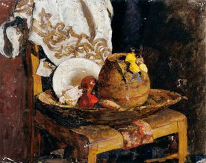 Stilleben med kanna och frukt