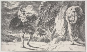 Fingal Encounters Carbon Carglass, först tryckt c.1773 (etsning)