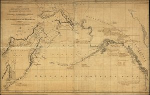 Allmän karta som täcker norra Stilla havet, en liten del av Ishavet norr om Berings sund och de intilliggande kustområdena i ryska Fjärran Östern och Alaska. Den tryckta kartan visar inte specifikt identifierade upptäckter eller upptäcktsresandes rutter. R av Alexander Russia. Depo Kart; Wilbrecht