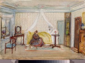 Scenografi för operan "Eugene Onegin" av Piotr Tchaikovsky (1840-1893) (Scenografi för operan Eugene Onegin av P Tchaikovsky) - Oeuvre de Alexander Valentinovich Sredin (Sredine) (1872-1934), akvarell och vitt på papper