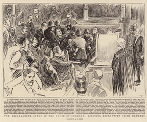 Den skandalösa scenen i underhuset med utkastningen av motsträviga irländska ledamöter. av Alexander Stuart Boyd