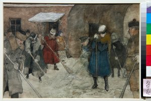 Människor som sopar snö på en gata på vintern - Verk av Alexander Ivanovich Vakhrameyev (1874-1926), cirka 1921 - Snöröjning - Akvarell, vit färg, svart krita på papper av Alexander Ivanovich Vakhrameyev (1874-1926), ca 1921 - 91.4x2 ,5 cm - St av Alexander Vakhrameyev