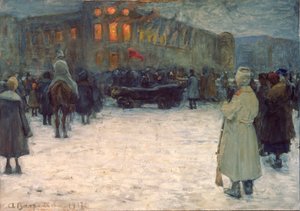 En eld på det litauiska slottet, februarirevolutionen 1917, St Petersburg - Verk av Alexander Ivanovich Vakhrameyev (1874-1926), gouache på papper av Alexander Vakhrameyev