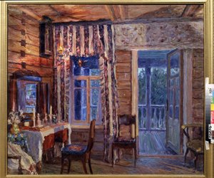 Interiör med ikonlampa. Målning av Alexander Viktorovich Moravov (Alexander Victor) (1878-1951), olja på duk