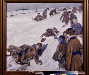 Vintersport (Vintersport). Slädeplats, i ett snöigt fält, varmt klädda barn som har roligt och skrattar högt. Målning av Alexander Viktorovich (Alexander Victor) Moravov (1878-1951), olja på duk