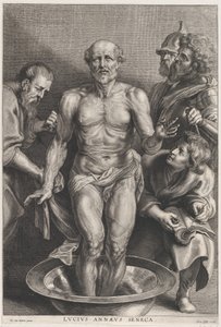 The Death of Seneca, stående i centrum med fötterna i en bassäng med vatten, supporte..., ca. 1655-78. av Alexander Voet