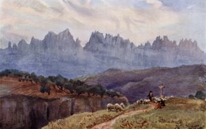 Bergen i Montserrat från Manresa, nära Barcelona (färg litho)