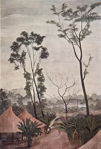 En by i Loubangui - Chari, från Drawings and Paintings of Africa, avrättad under Citroen Center Africa-expeditionen, andra Haardt Audouin-Dubreuil-uppdraget, pub. Paris, 1927 (färg litho av Alexander Yakovlev