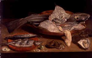 Stilleben med fisk och ostron (olja på panel)