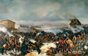 Slaget vid Narva, 19 november 1700. Avsnitt av det stora norra kriget (1700-1721) mellan Sverige och alla baltiska länder, Danmark, Polen och Ryssland. Målning av Alexander (Alexander) von Kotzebue (1815-1889), olja på duk