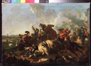 Scen från slaget vid Poltava (eller Pultawa, Ukraina) (Scen från slaget vid Poltava). Slaget som ägde rum den 8 juli 1709 mellan Peter I av Rysslands armé (känd som Le Grand